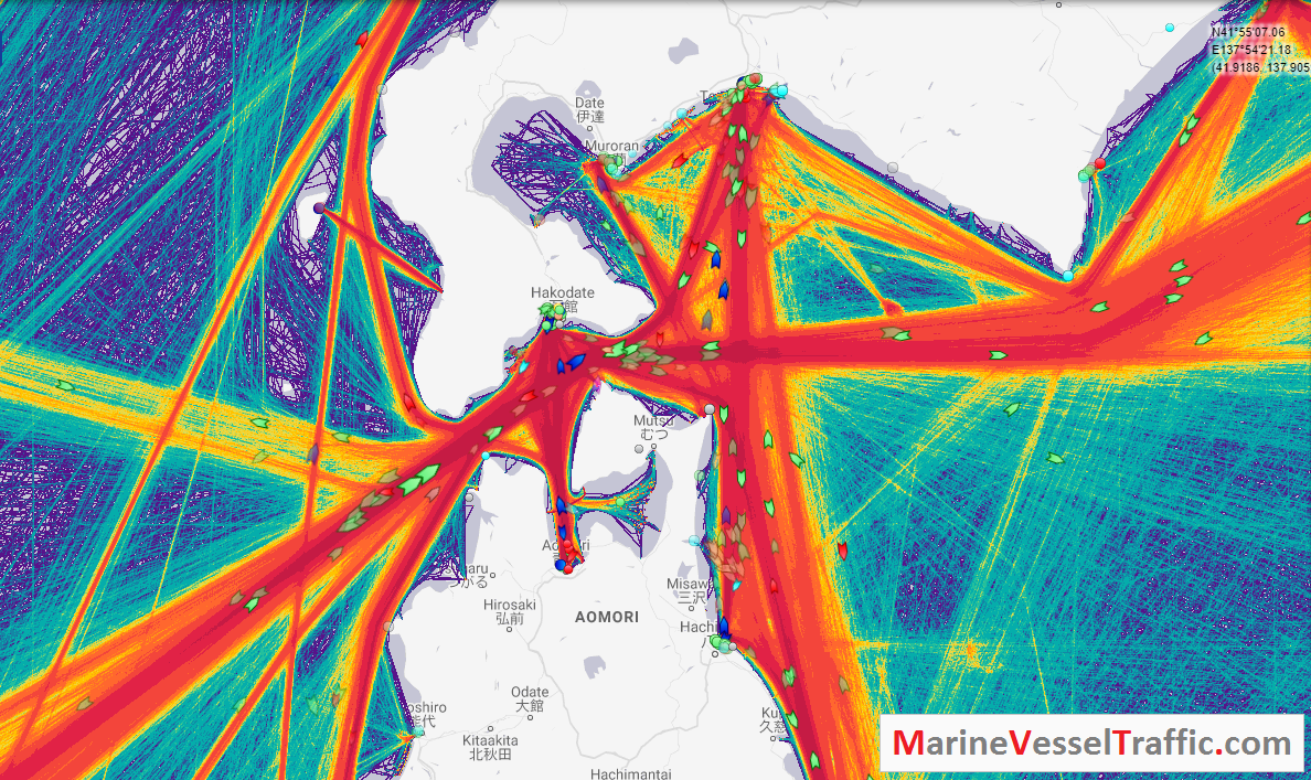 Live Marine Traffic, Density Map and Current Position of ships in TSUGARU STRAIT